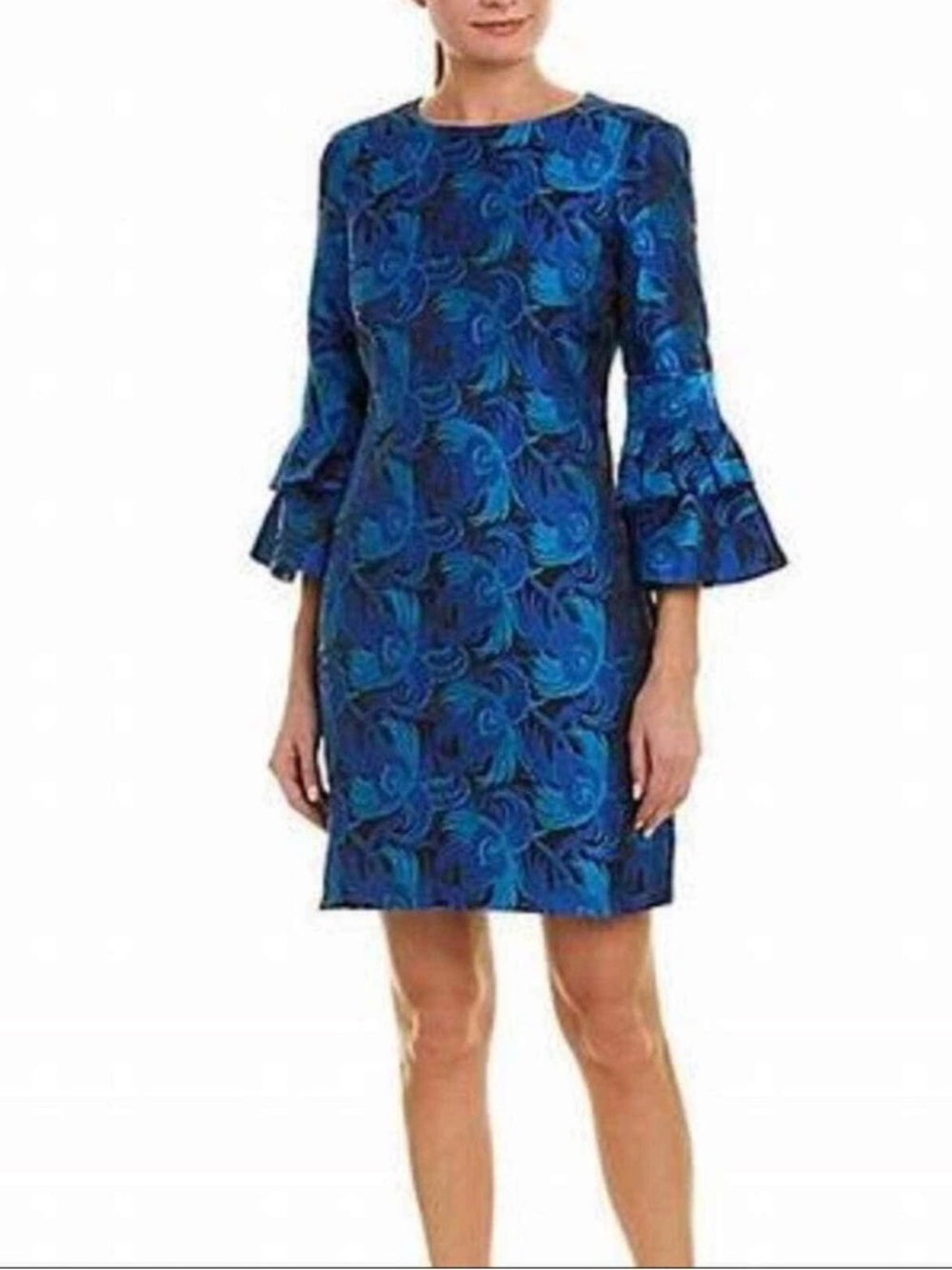 Badgley Mischka Saoirse Jacquard Bell Sleeve Dress Cobalt Black Womens 8 Dressy